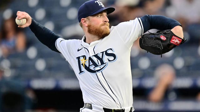 Drew Rasmussen of the Tampa Bay Rays delivers a pitch in the first inning against the Texas Rangers at George M. Steinbrenner Field on Tuesday, June 3, 2025, in Tampa, Florida. (Julio Aguilar/Getty Images/TNS)