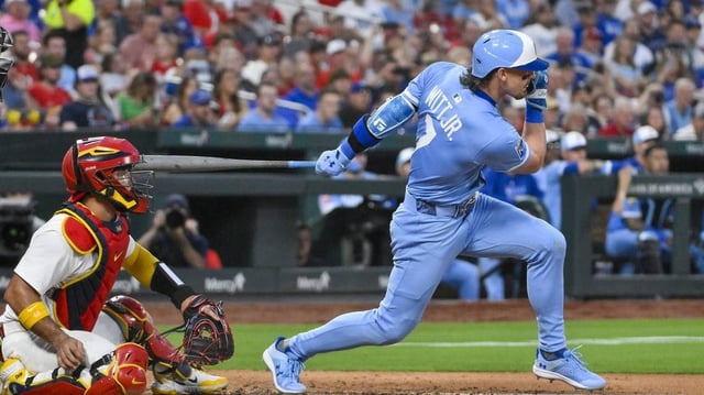 Jun 3, 2025; St. Louis, Missouri, USA;  Kansas City Royals shortstop Bobby Witt Jr. (7) hits a two run single against the St. Louis Cardinals during the fifth inning at Busch Stadium. Mandatory Credit: Jeff Curry-Imagn Images