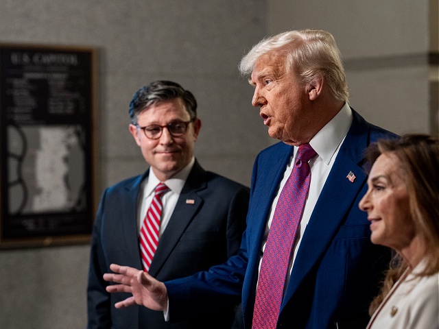 President Donald Trump Speaker of the House Mike Johnson speak to members of the media at the U.S. Capitol in Washington, D.C., Tuesday, May 20, 2025, before meeting with the House GOP Conference about passing his budget bill. (Official White House Photo by Molly Riley)