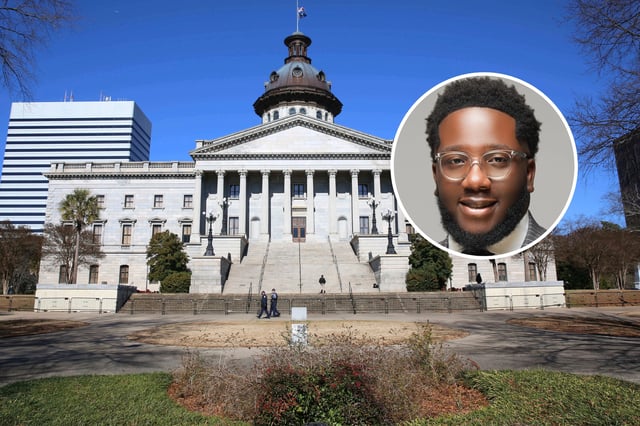 Main: The South Carolina Statehouse is pictured on Jan. 20, 2021, in Columbia, S.C. South Carolina lawmakers will go before voters on Tuesday, June 11, 2024, in state primary elections. Inset: