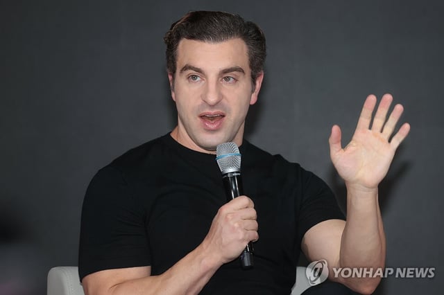 Brian Chesky, co-founder and CEO of Airbnb, speaks during a press conference in Seoul on June 4, 2025. (Yonhap)