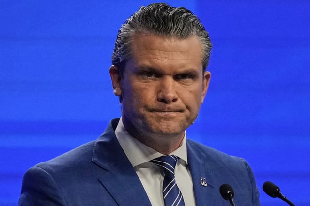 FILE - U.S. Defense Secretary Pete Hegseth delivers his speech during the 22nd Shangri-La Dialogue summit in Singapore, Saturday, May 31, 2025. (AP Photo/Anupam Nath,File)
