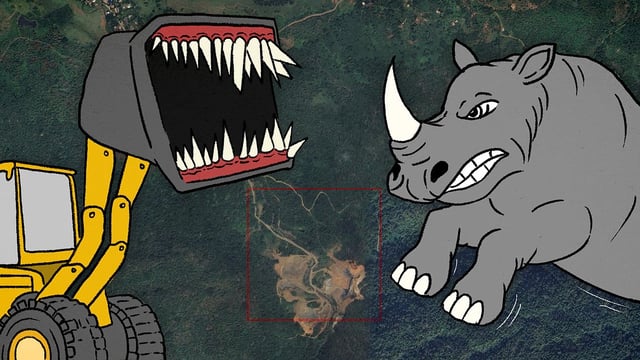 An illustration showing an angry rhinoceros facing a JCB machine.