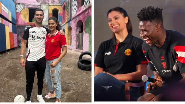Saiyami Kher recently met Manchester United stars Diogo Dalot, Harry Maguire and Andre Onana in Mumbai. 