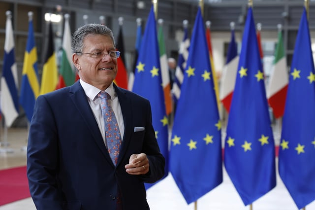 European Commissioner for Trade and Economic Security Maros Sefcovic arrives for a meeting of EU trade ministers at the European Council building in Brussels, Thursday, May 15, 2025. (AP Photo/Omar Havana)