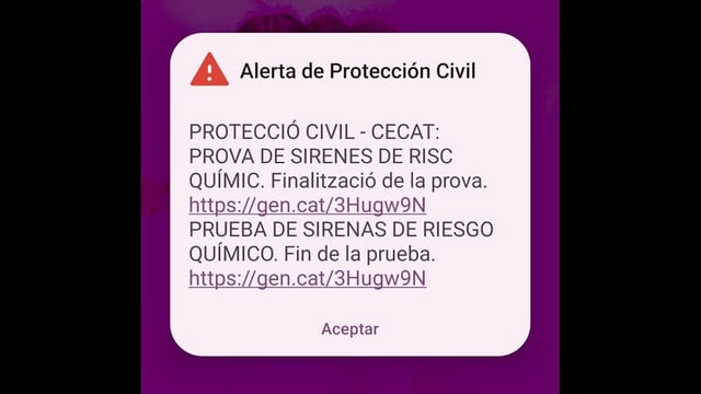 Mensaje de fin de la prueba de sirenas de riesgo químico