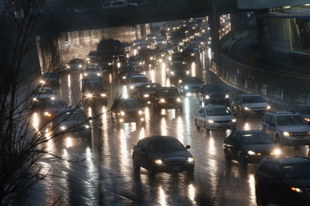 Traffic backs up near a flooded section of the Kennedy Expressway on April 18, 2013 in Chicago, Illinois. 