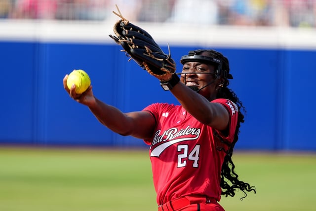Texas Tech's NiJaree Canady pitches during the WCWS game between the Texas Tech Raiders and the Oklahoma Sooners on June, 2, 2025.
