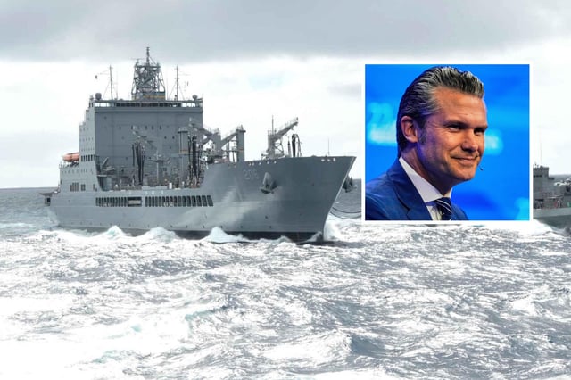 Main: Civil Service Mariners aboard Military Sealift Command’s fleet replenishment oiler USNS Harvey Milk, Norfolk Virginia, Spetmeber 2024. 
Inset: U.S. Defense Secretary Pete Hegseth delivers his speech during 22nd Shangri-La Dialogue summit in Singapore, Saturday, May 31, 2025.
