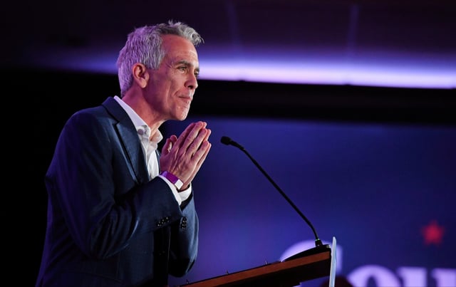 Joe Walsh speaks at a Country Over Party Rally to talk about his support for Kamala Harris.