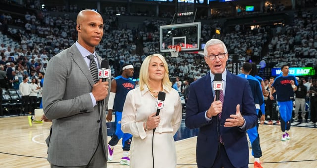 Minneapolis, MN - May 26, 2025 - Target Center: Richard Jefferson, Doris Burke and Mike Breen during game 4 of the 2025 Western Conference finals. (Photo by Brace Hemmelgarn / ESPN Images)