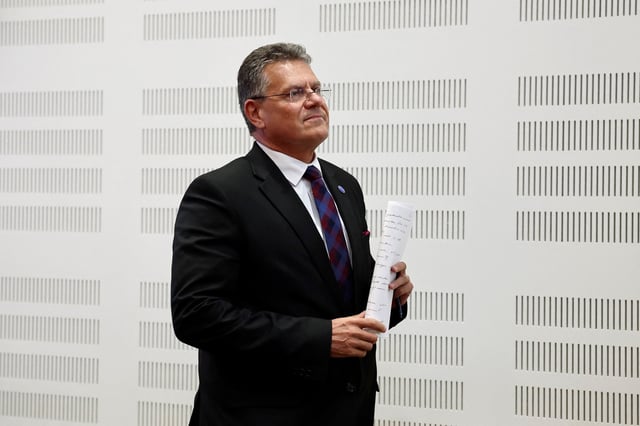 EU trade commissioner Maros Sefcovic leaves after a press briefing on the second day of the 2025 Ministerial Council Meeting at the OECD Headquarters in Paris, France, June 4, 2025. REUTERS/Benoit Tessier