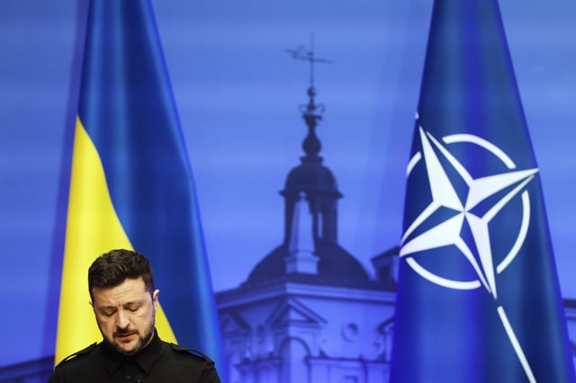 Ukraine's President Volodymyr Zelenskyy addresses a media conference during the Vilnius Summit at the Palace of the Grand Dukes of Lithuania in Vilnius, Lithuania, Monday, June 2, 2025. (AP Photo/Mindaugas Kulbis)