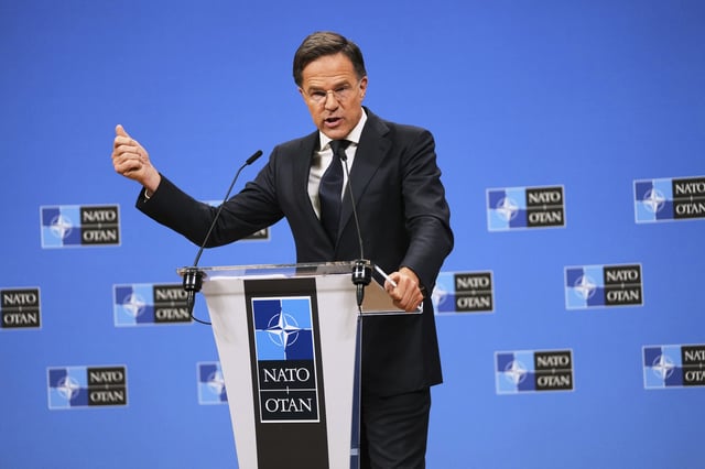 NATO Secretary General Mark Rutte speaks during a media conference prior to a meeting of the Ukraine Defense Contact Group at the NATO headquarters in Brussels, Wednesday, June 4, 2025. (AP Photo/Virginia Mayo)
