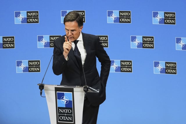 NATO Secretary General Mark Rutte speaks during a media conference prior to a meeting of the Ukraine Defense Contact Group at the NATO headquarters in Brussels, Wednesday, June 4, 2025. (AP Photo/Virginia Mayo)