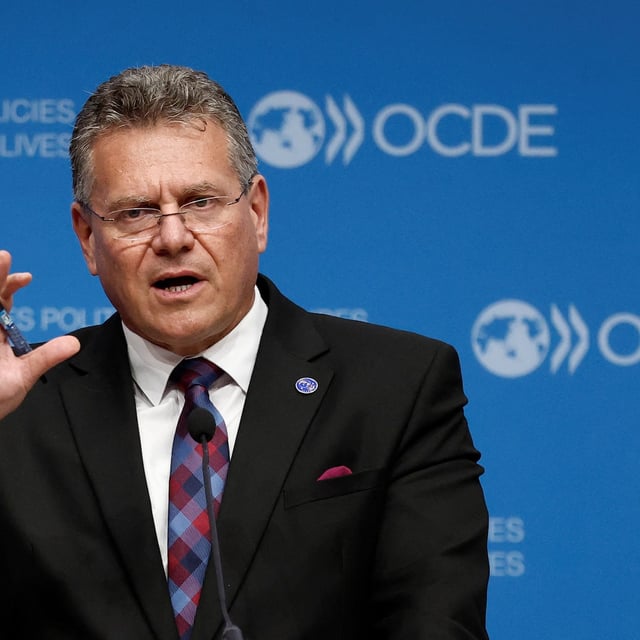 EU trade commissioner Maroš Šefčovič at the OECD headquarters in Paris on Wednesday. He met with his American counterpart, U.S. Trade Representative Jamieson Greer, at the sidelines of an OECD meeting.