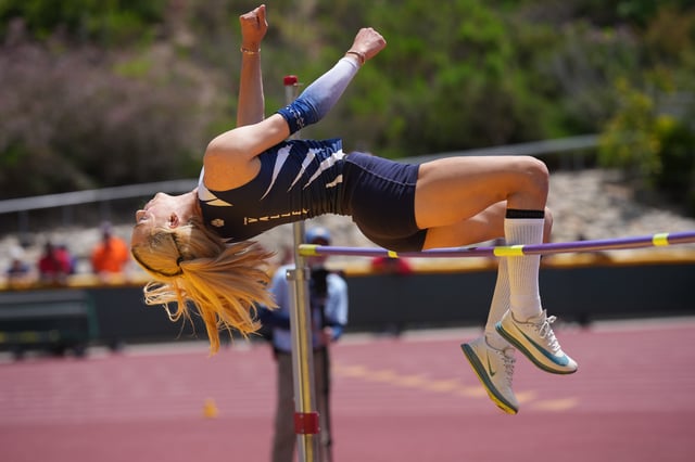 MOORPARK, CALIFORNIA - MAY 24: Transgender athlete AB Hernandez of Jurupa Valley ties for fourth in the girls high jump at 5-4 (1.63m) during the CIF Southern Section Masters Meet at Moorpark High School on May 24, 2025 in Moorpark, California. (Photo by Kirby Lee/Getty Images)