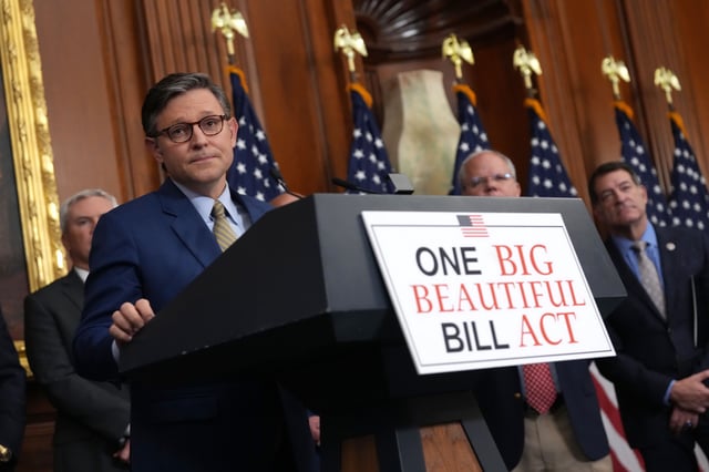 WASHINGTON, DC - House Speaker Mike Johnson speaks to the media after the House narrowly passed a bill forwarding President Donald Trump's agenda at the US Capitol in May.