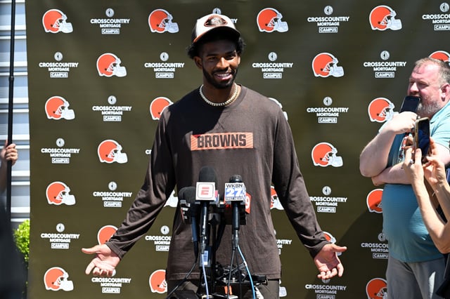 Shedeur Sanders #12 of the Cleveland Browns answers questions from the media during a press conference prior to rookie minicamp at CrossCountry Mortgage Campus on May 10, 2025 in Berea, Ohio.