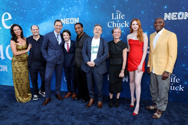 Kate Siegel, Mike Flanagan, Tom Hiddleston, Benjamin Pajak, Chiwetel Ejiofor, Mark Hamill, Mia Sara, Karen Gillan and Carl Lumbly attend the premiere of Neon's "The Life Of Chuck" at Hollywood Legion Theater on June 2, 2025, in Los Angeles.