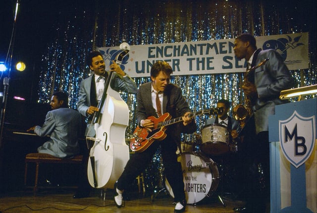 Michael J. Fox playing the now-missing Gibson ES-345 guitar as Marty McFly in the pivotal "Enchantment Under the Sea" scene in "Back to the Future."