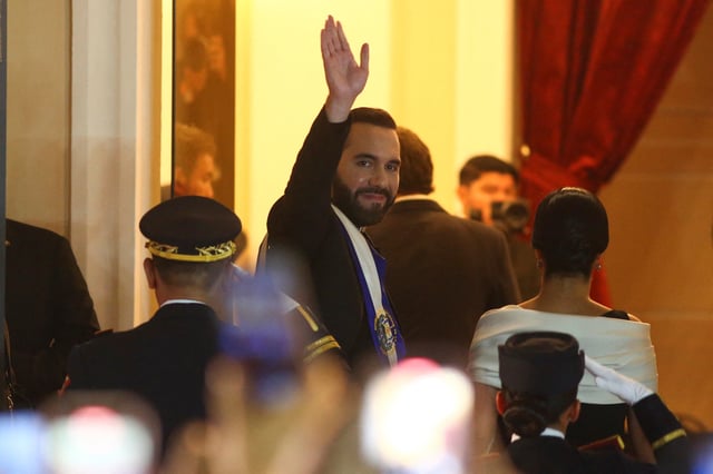 El Salvador's President Nayib Bukele arrives to deliver a speech at an event, to mark the first year of his second term in office, in San Salvador, El Salvador June 1, 2025. REUTERS/Jose Cabezas