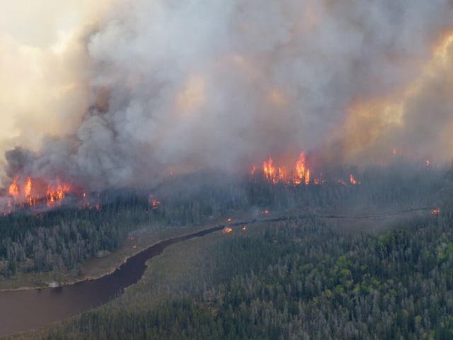 Smoke rises from the Nopiming Provincial Park wildfire EA061 east of Bird River, Manitoba, Canada May 29, 2025.    Manitoba Government/Handout via REUTERS.     THIS IMAGE HAS BEEN SUPPLIED BY A THIRD PARTY/File Photo