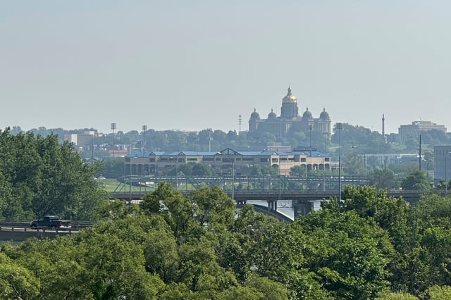 The Iowa state Capitol is seen through smoky skies due to wildfires in Canada, Wednesday, June 4, in Des Moines, Iowa. (AP Photo/Scott McFetridge)
