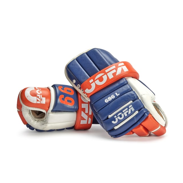 A pair of gloves worn by Wayne Gretzky during his last Stanley Cup run with the Edmonton Oilers in a photo supplied by Sotheby's.