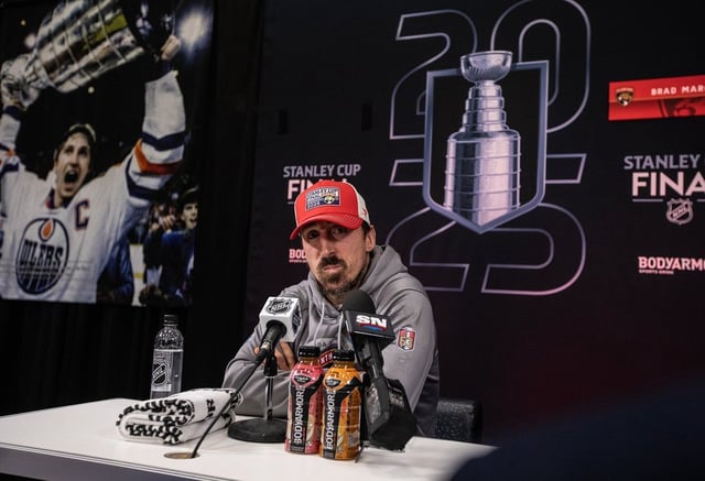 Florida Panthers winger Brad Marchand speaks to media before Game 1 of the Stanley Cup final against the Oilers in Edmonton on Tuesday, June 3, 2025. 