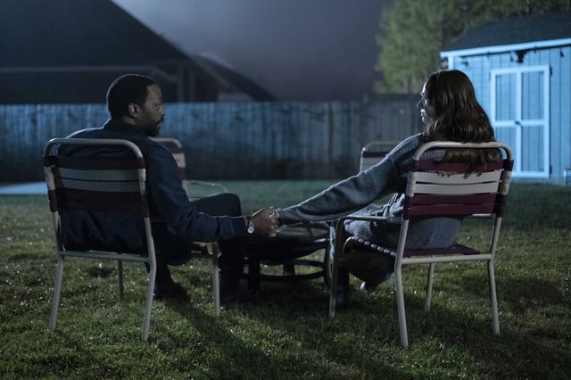 Chiwetel Ejiofor, left, and Karen Gillan share a moment in “The Life of Chuck.”