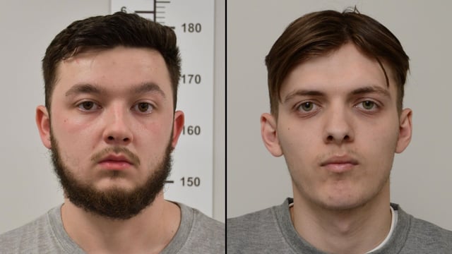 Dylan Earl, left, and Jake Reeves livestreamed setting fire to a business that supplied Starlink satellite equipment to Ukraine, a court heard