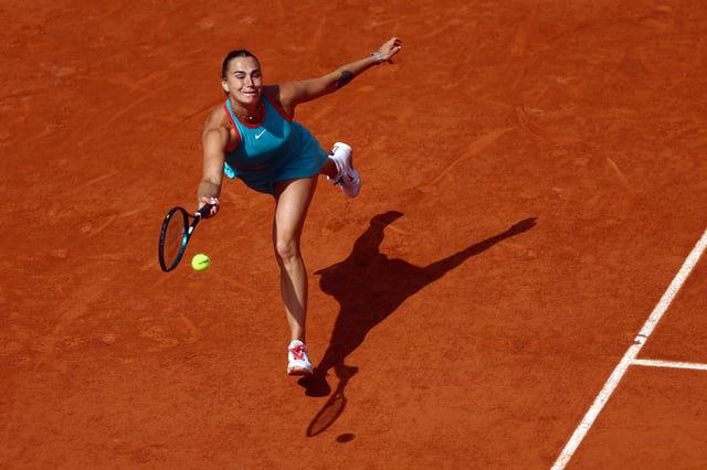 Tennis - French Open - Roland Garros, Paris, France - June 3, 2025 Belarus' Aryna Sabalenka in action during her quarter final match against China's Qinwen Zheng REUTERS/Lisi Niesner