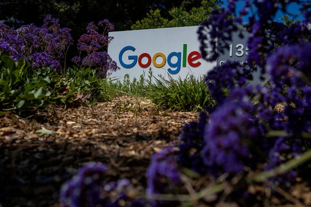 A Google logo is seen at a company research facility in Mountain View, California, U.S., May 13, 2025. REUTERS/Carlos Barria/File Photo
