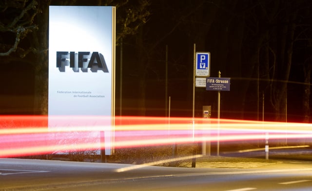 A long exposure shows FIFA's logo near its headquarters in Zurich, Switzerland February 27, 2022. REUTERS/Arnd Wiegmann