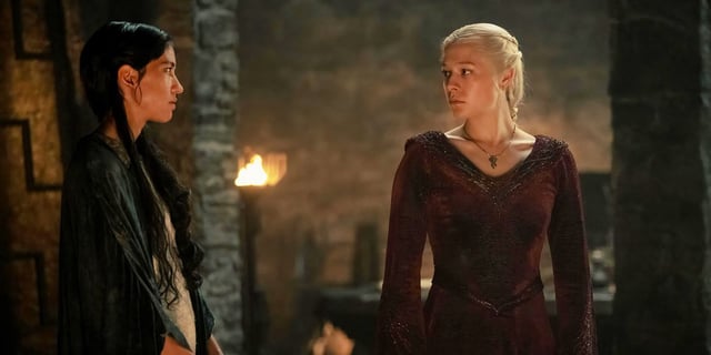 Emma D'Arcy as Rhaenyra and Sonoya Mizuno as Mysaria in House of the Dragon Season 2 Episode 2