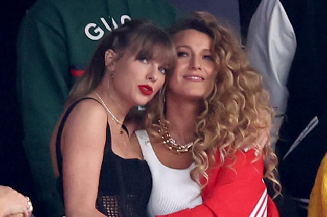 LAS VEGAS, NEVADA - FEBRUARY 11: Rapper Ice Spice, singer Taylor Swift and actress Blake Lively prior to Super Bowl LVIII between the San Francisco 49ers and Kansas City Chiefs at Allegiant Stadium on February 11, 2024 in Las Vegas, Nevada. (Photo by Steph Chambers/Getty Images)