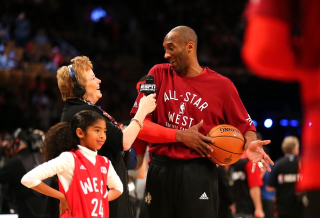 Kobe Bryant #24 of the Los Angeles Lakers and the Western Conference warms up with daughter Gianna Bryant during the NBA All-Star Game 2016 at the Air Canada Centre on February 14, 2016 in Toronto, Ontario.
