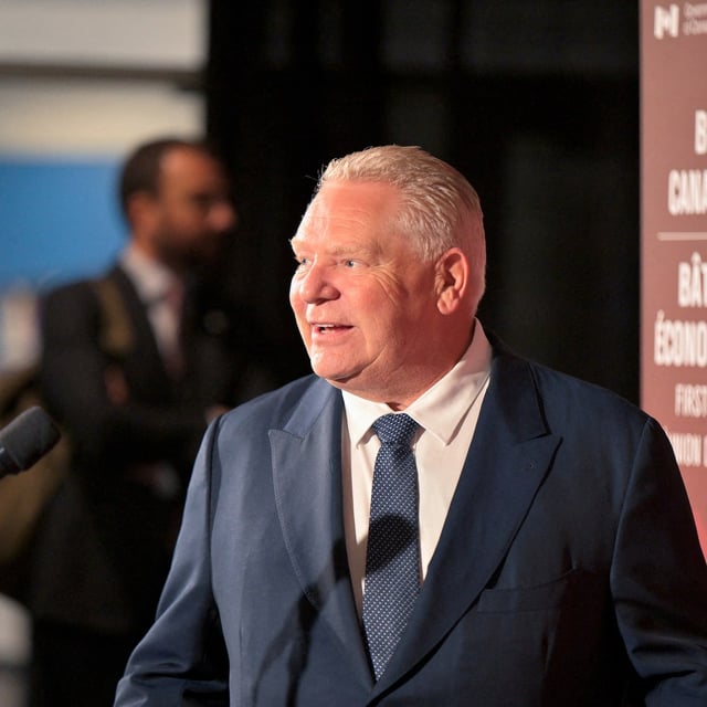 Premier of Ontario Doug Ford meets with press at the First Ministers meeting to discuss various trade and policy issues at TCU Place in Saskatoon, Saskatchewan, Canada  June 2, 2025. REUTERS/Nayan Sthankiya