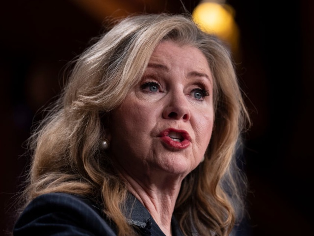 WASHINGTON, DC - APRIL 7: Sen. Marsha Blackburn (R-TN) speaks during a news conference about the confirmation vote for Supreme Court nominee Ketanji Brown Jackson at the U.S. Capitol on April 7, 2022 in Washington, DC. The full Senate voted today to confirm the nomination of Supreme Court nominee Judge Ketanji Brown Jackson with a vote of 53-47. (Photo by Drew Angerer/Getty Images)
