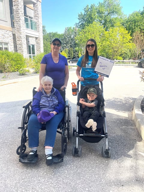  Four generations on the Memory Walk: grandmother Catherine Cummer (grandmother), Karen Ingram (mother), Erin Rach (daughter), and Jace Rach (son).
