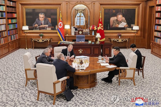 This photo, carried by North Korea's official Korean Central News Agency on June 5, 2025, shows the North's leader Kim Jong-un (R) meeting with Russia's Security Council Secretary Sergei Shoigu (2nd from L) in Pyongyang the previous day. (For Use Only in the Republic of Korea. No Redistribution) (Yonhap)