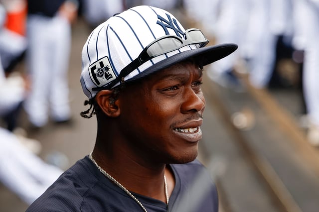TAMPA, FLORIDA - MARCH 1: Jazz Chisholm Jr. #13 of the New York Yankees looks on from the dugout in the second inning during a spring training game against the Houston Astros at George M. Steinbrenner Field on March 1, 2025 in Tampa, Florida. (Photo by Brandon Sloter/Getty Images)