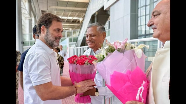 Lok Sabha LoP and Congress MP Rahul Gandhi being welcomed by Congress leader and former Haryana chief minister Bhupinder Singh Hooda party and Haryana president Udai Bhan on his arrival at Chandigarh airport on Wednesday. (ANI)