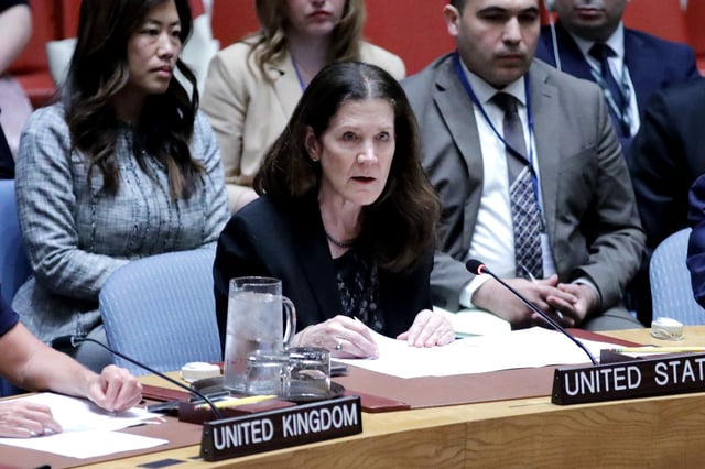 US Charge d&#39;affaires to the United Nations Dorothy Shea speaks during a U.N. Security Council meeting to vote on a resolution calling for a ceasefire and unrestricted humanitarian access in Gaza, at the U.N. headquarters in New York City on June 4, 2025.