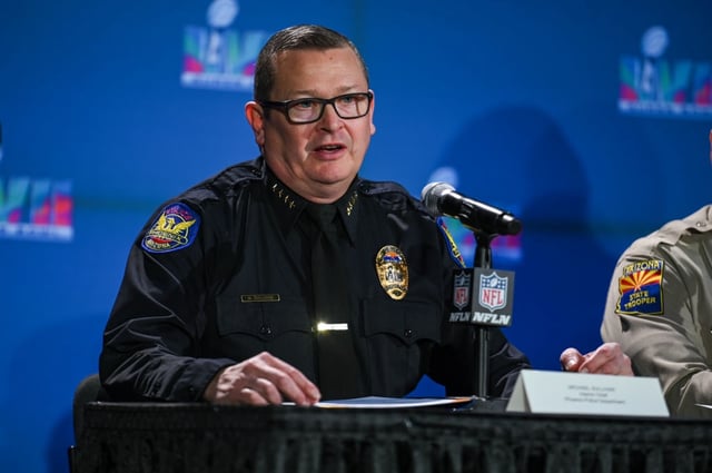 Michael Sullivan is a veteran of the Phoenix and Baltimore police departments. Above, he speaks at a public safety press conference ahead of Super Bowl LVII in 2023 during his time with the Phoenix Police Department.