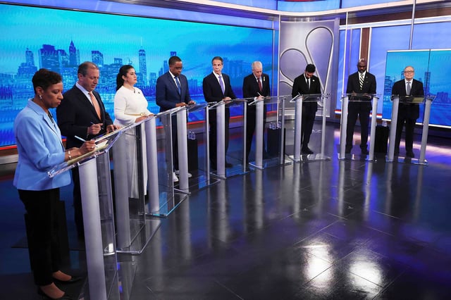 New York City mayoral candidates prepare to participate in a Democratic primary debate on Wednesday, June 4, 2025. (AP Photo/Yuki Iwamura, Pool)
