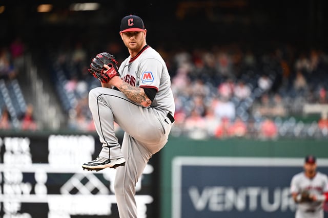 May 6, 2025; Washington, District of Columbia, USA;  Cleveland Guardians starting pitcher Ben Lively (39) delivers a pitch during the first inning against the Washington Nationals at Nationals Park. Mandatory Credit: James A. Pittman-Imagn Images/File Photo