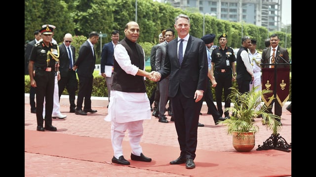 Defence minister Rajnath Singh with his Australian counterpart Richard Marles in New Delhi on Wednesday. (AP)