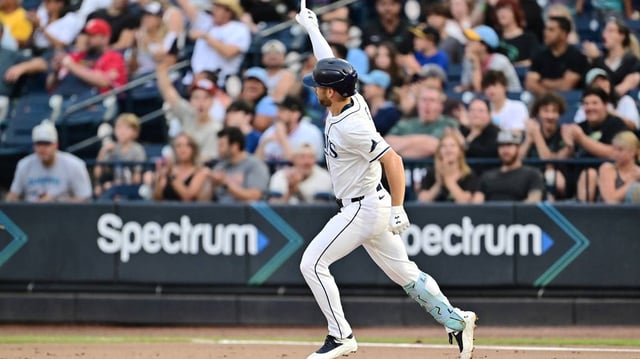 Brandon Lowe of the Tampa Bay Rays celebrates his solo home run on the base paths in the first inning against the Texas Rangers at George M. Steinbrenner Field on Wednesday, June 4, 2025, in Tampa, Florida. (Julio Aguilar/Getty Images/TNS)